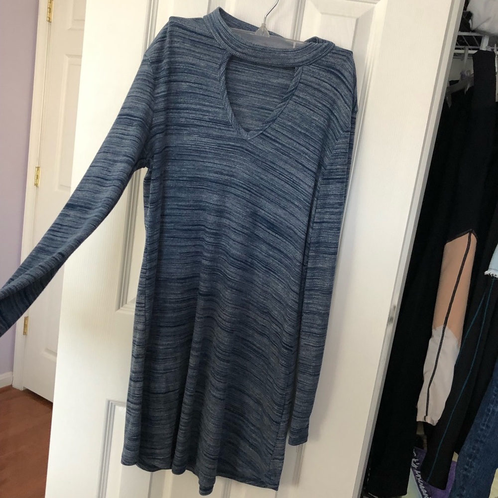 Slate Blue Neckline w/ Keyhole Long Sleeve Dress